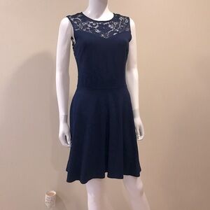 Navy Blue Fit Flare Skater Mini Dress Size Medium Floral Lace Detail Sleeveless
